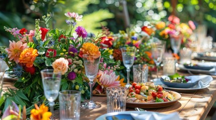 Garden table decorated with floral arrangements is set for festive event