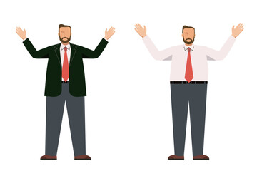 8頭身のフラットデザインの太った白人系男性ビジネスマン、両手をあげるポーズのイラストセット