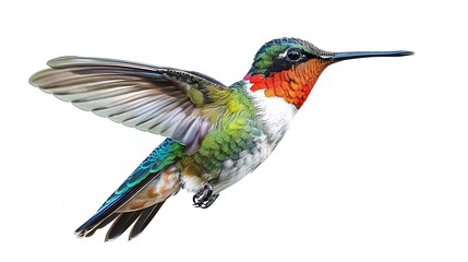 Fototapeta premium A close-up of a vibrant hummingbird in mid-flight, isolated on a white background.