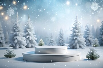 Product Podium with Snowy Trees and Snowflakes