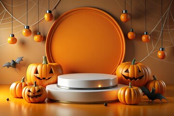 Halloween Themed Empty Product Podium with Pumpkins and Candles