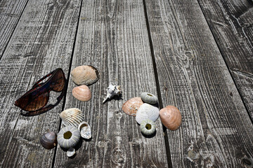 Sunglasses and seashells lying on a rustic wooden surface, evoking summer holiday memories