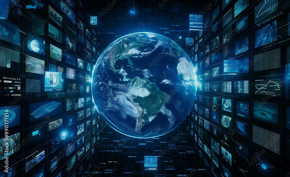 Aufkleber a digital globe surrounded by multiple screens displaying various data visualizations.