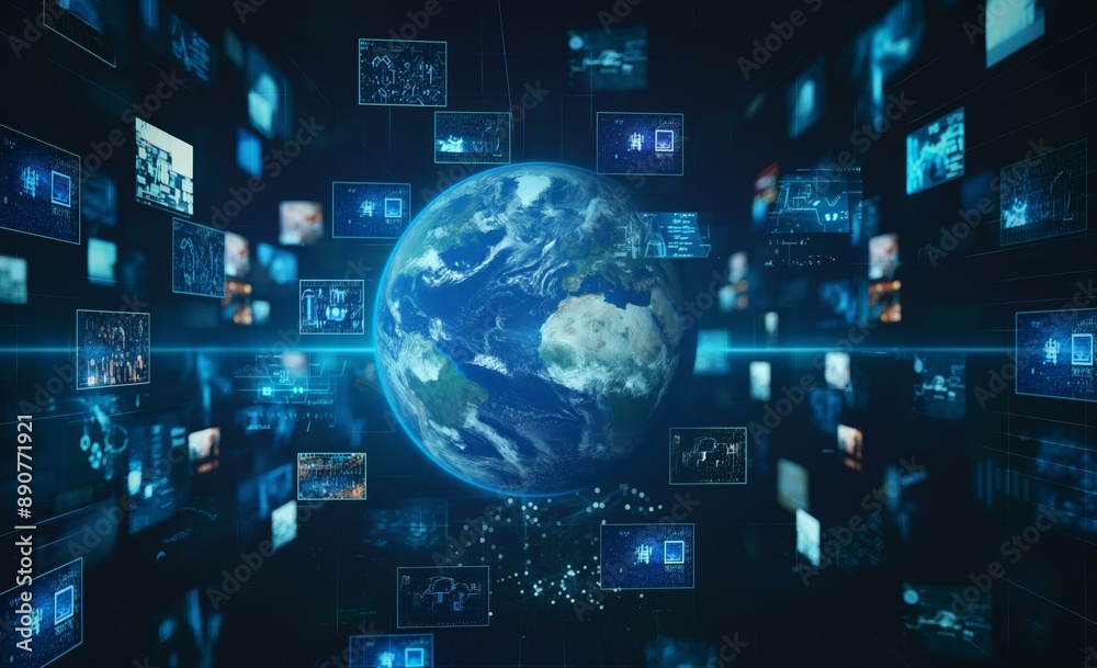 Aufkleber An image featuring a digital globe at the center, surrounded by multiple floating screens displaying various data and information.