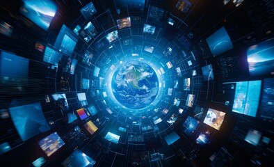 A digital globe surrounded by multiple screens displaying various images and data.