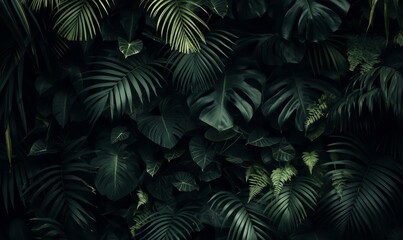 Fototapeta premium A lush tropical jungle with dense palm fronds and various green ferns.