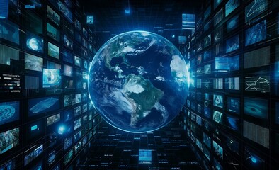A digital globe surrounded by multiple screens displaying various data visualizations.