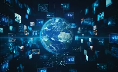 An image featuring a digital globe at the center, surrounded by multiple floating screens displaying various data and information.