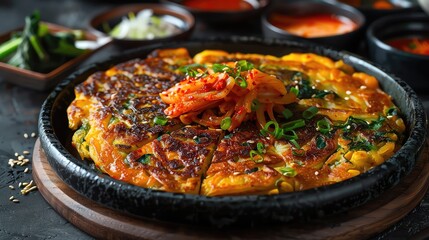 Korean pancake, made with kimchi, scallions, and other vegetables. It is often served with dipping sauces.