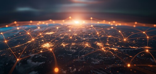 depiction of a global connectivity network shown by glowing nodes and lines linking various locations on Earth's surface, highlighting the interconnection of modern digital communications.