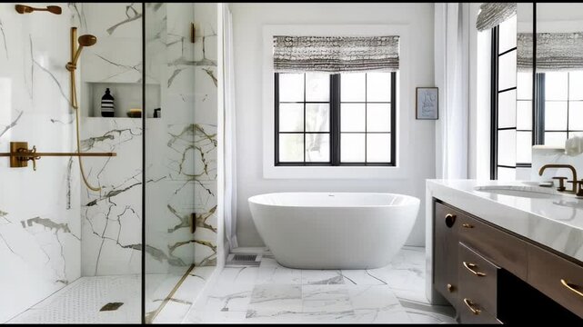 A spacious bathroom features a sleek, freestanding bathtub, marble tile flooring and shower walls, and a large window with a roman shade