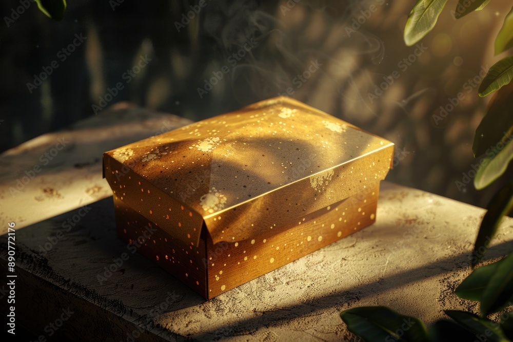 Poster a wooden box sitting on a table, possibly containing objects or treasures