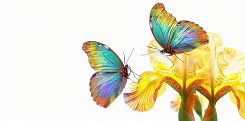 Colorful Butterfly and Delicate Iris Blossom on White Background, Symbolizing Beauty and Grace in Nature