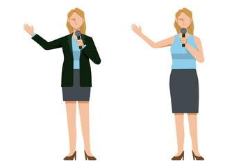 8頭身のフラットデザイン　マイクを持ちプレゼンテーションする白人系女性ビジネスマン　イラストセット