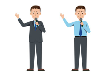 漫画タッチ、マイクを持ちプレゼンテーションする日本人男性ビジネスマン　イラストセット