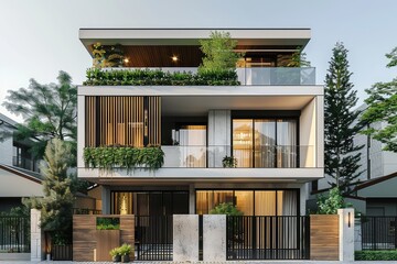 Beautiful modern house exterior with grass field Modern residential district