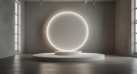Fototapeta premium White round podium in empty stylish hall with light