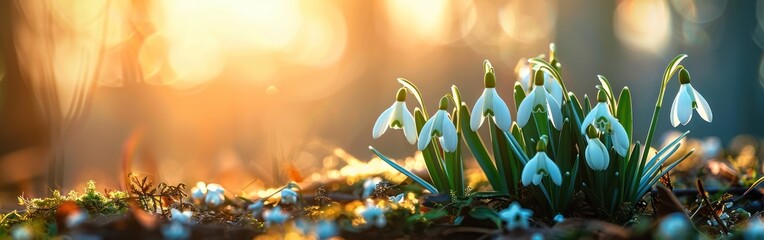 Springtime Serenity: White Snowdrops on Green Meadow - Easter Garden Banner Panorama