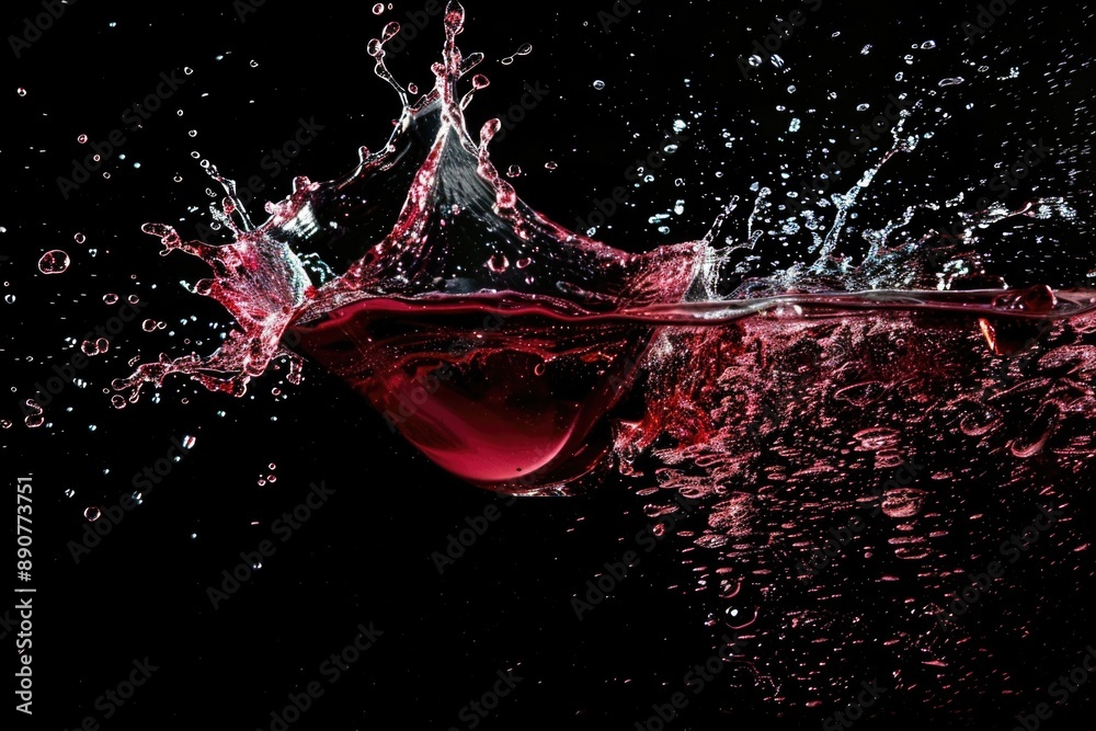Poster A close-up shot of red liquid splashing on a black surface, suitable for use in science and technology related projects