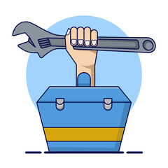 Plumber Icon. Plumber repairs pipe burst. Vector illustration for plumbing, household problems, help, accident concept, plumber repairs pipes with tools. Perfect for App Icons, Banners, etc.