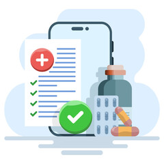 Concept of online registration of medical prescription form with health result data and approved check mark on mobile phone, healthcare checklist document on modern smart phone, vector illustration.