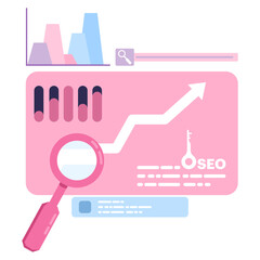 Obraz premium Keyword Research Tool concept, keyword analysis report, keyword analysis report, SEO keywords dominating search engine results, SEO keyword costs for digital advertising or pay per click campaigns.