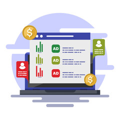 Search engine advertising campaign concept, search engine marketing advertising analysis, paid campaign sending traffic to a website, Advertising, Marketing or Promotion, icon vector illustration.