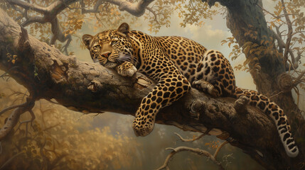 Leopard resting on a tree branch