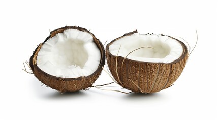 Two halves of a coconut isolated on a white background