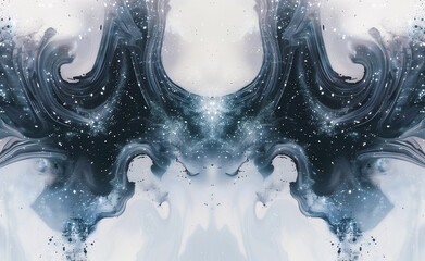 A symmetrical ink painting of a starry sky scene with the Milky Way, stars and dust on a white background. 