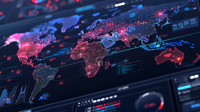digital map of the world with glowing data points and graphs representing global cyber attack patterns and an interface design in the style of advanced security software or a data center control panel