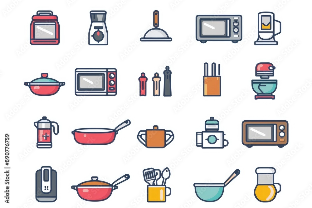 Poster Collection of various kitchen appliances and utensils on a table