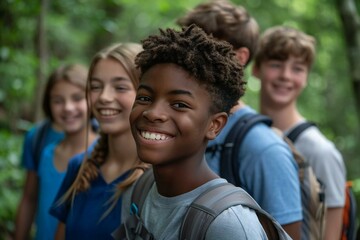 group of teenagers laughing and smiling while hiking and exploring the outdoors in the summer, showcasing their active and social lifestyle.