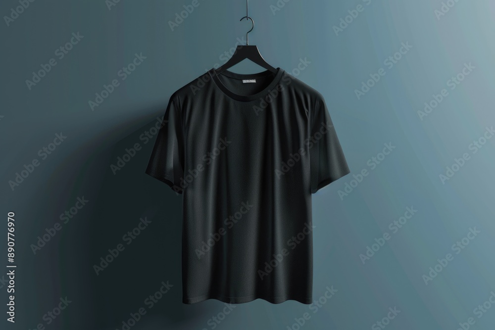 Sticker A black t-shirt hangs on a blue wall, perfect for use in fashion, interior design or advertising contexts