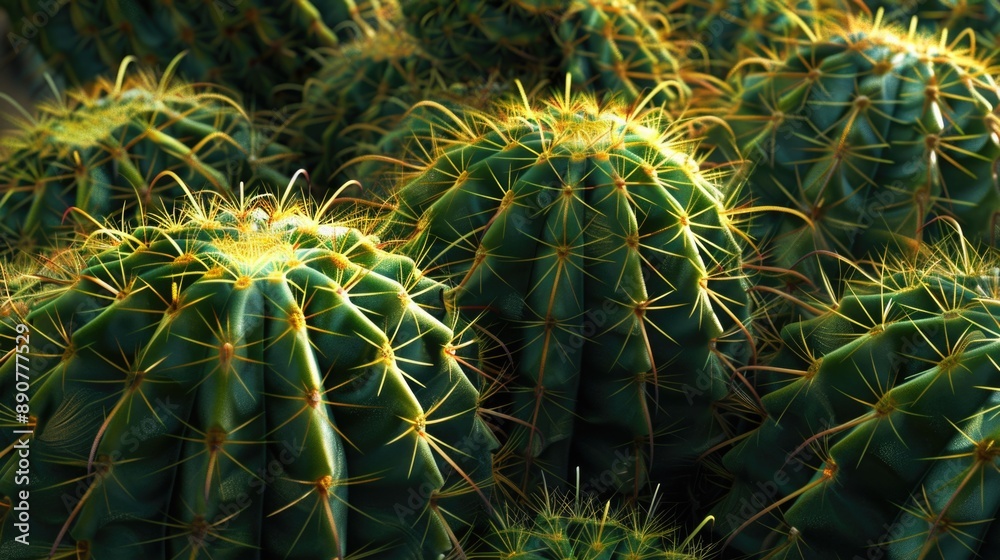 Poster a close-up view of several cactus plants, featuring their unique shapes and textures