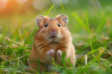 Adorable Syrian hamster in the grass