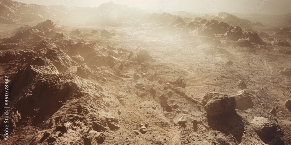 Poster a picture of a desert landscape with rocks and dirt in the foreground, suitable for use in travel or