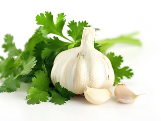 Garlic Cilantro. Fresh Garlic Clove with Parsley Isolated on White Background