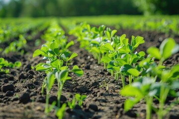 Pea Field. Rows of Young Green Pea Seedlings in Agricultural Landscape