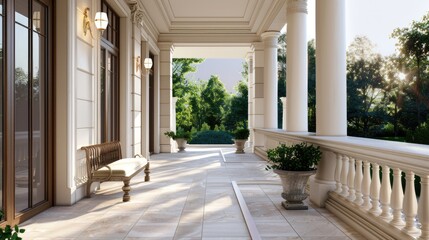 Obraz premium Luxury Porch Entrance: Architectural Design of a Grand House with Bench on a Sunny Day