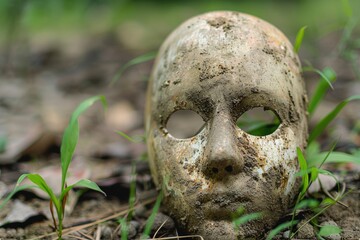 Mask On Ground. Closeup Shot of Face Mask in Nature with Dirty Old Background