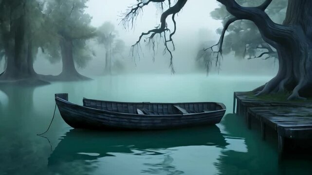 a serene, fog-covered lake with a solitary, decrepit rowboat moored to a half-sunken dock