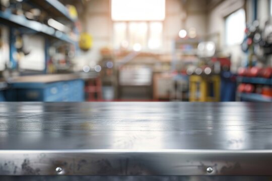 A metal blank tabletop with blurred automotive tools and parts in the background suitable for promoting automotive products