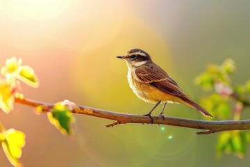 Fototapeta premium A small bird perches on a branch of a tree, surrounded by green leaves