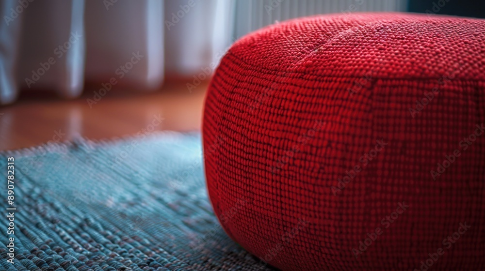 Poster a small red ottoman sits atop a blue rug, perfect for adding a pop of color to any room
