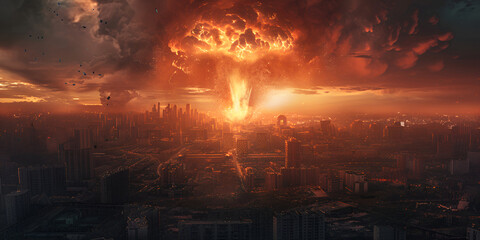idea of the apocalyptic nuclear war. nuclear bomb detonation in a city. Atomic warfare destroyed the city. artistic lighting design in the dark. discerning attention