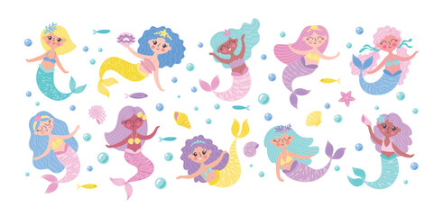 Childrens cute characters. Sea mermaids set. Vector illustration of fairy tale characters