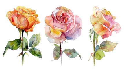 Watercolor Single Flower. Beautiful Rose in Watercolor Collection on White Background