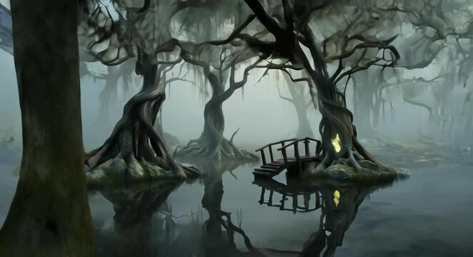 a mist-shrouded swamp, where twisted, gnarled trees emerge from the fog like sentinels