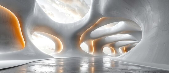 Abstract Modern Architecture with Curved Walls and Golden Lights